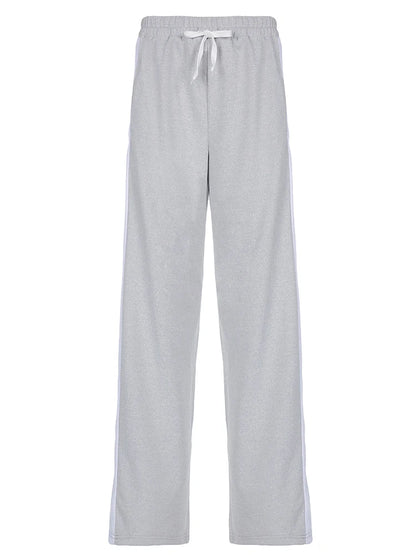 Gray Drawstring Elastic High Waist Casual Sweatpants Women Side Stripe Contrast Patchwork Black Loose Jogging Track Pants