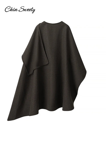 Elegant Irregular Cloak Coat Women Solid Half Sleeve O Neck Scarf Loose Female Jacket 2025 Winter Lady Thick Chic Overcoat New