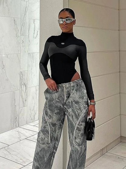 Body de manga larga con cuello alto para mujer, lencería sexy, top negro, mono de una pieza de PU con retazos