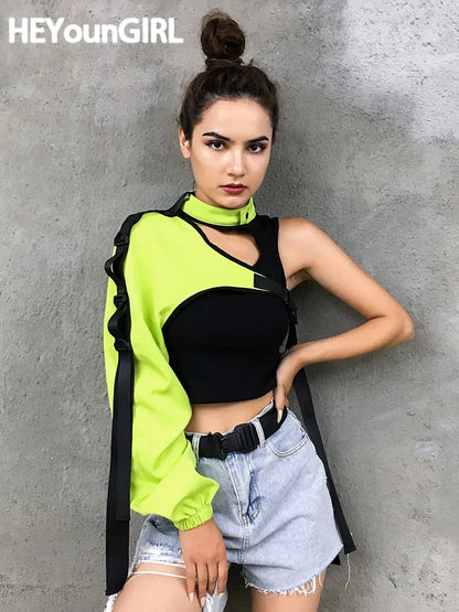 Neon Green One Shoulder Off Halter Top Harajuku Black Reflective Tshirt Women Hip Hop Street Wear Tee Shirt Femme