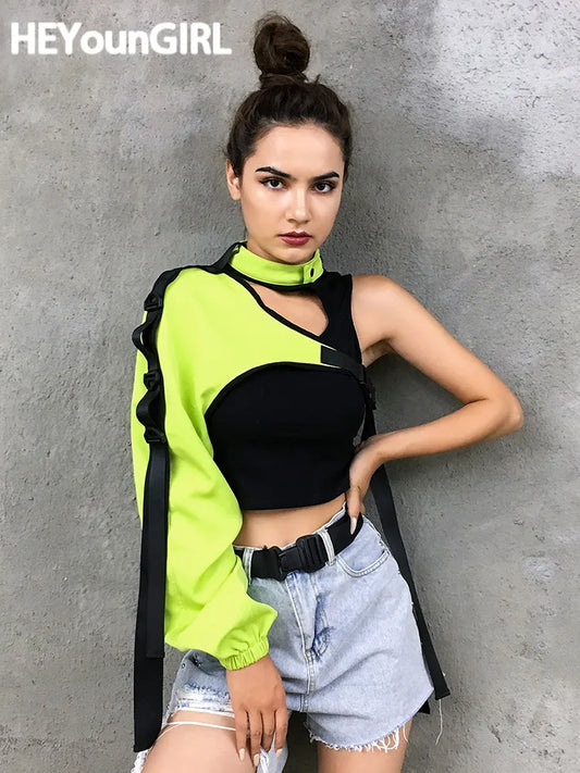 Neon Green One Shoulder Off Halter Top Harajuku Black Reflective Tshirt Women Hip Hop Street Wear Tee Shirt Femme
