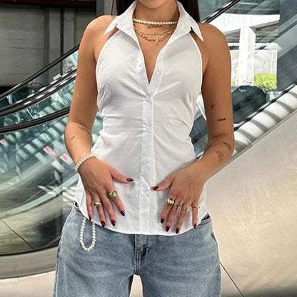 Camiseta blanca sexy con cordones y espalda descubierta para mujer, sin mangas, con cuello vuelto, botones y estilo chic.