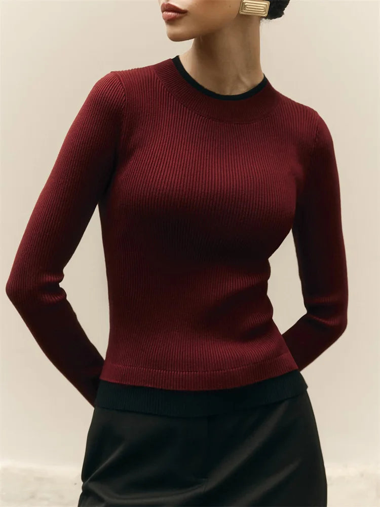 Suéter de punto de otoño para mujer, jersey de retazos acanalados de manga larga, top interior ajustado, ropa de calle, prenda de punto para mujer