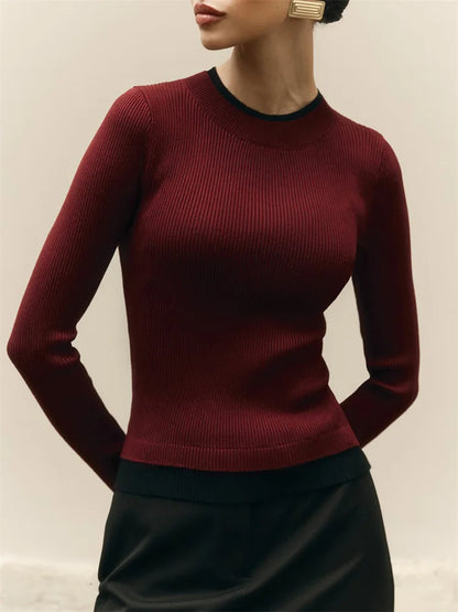 Suéter de punto de otoño para mujer, jersey de retazos acanalados de manga larga, top interior ajustado, ropa de calle, prenda de punto para mujer