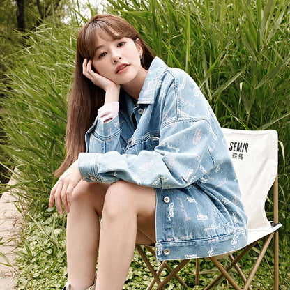 Chaqueta vaquera para mujer, con estampado completo, nueva chaqueta holgada y moderna de otoño