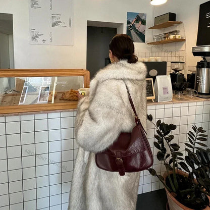 Abrigo largo de piel sintética ecológica con degradado, holgado y elegante, para mujer, de invierno, grueso, cálido y esponjoso, de piel de zorro, abrigo de marca a la moda para niñas.