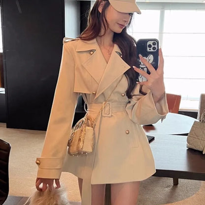Elegante blazer de solapa para mujer, chaqueta cruzada de estilo británico con cinturón, ropa de abrigo informal de moda coreana para otoño