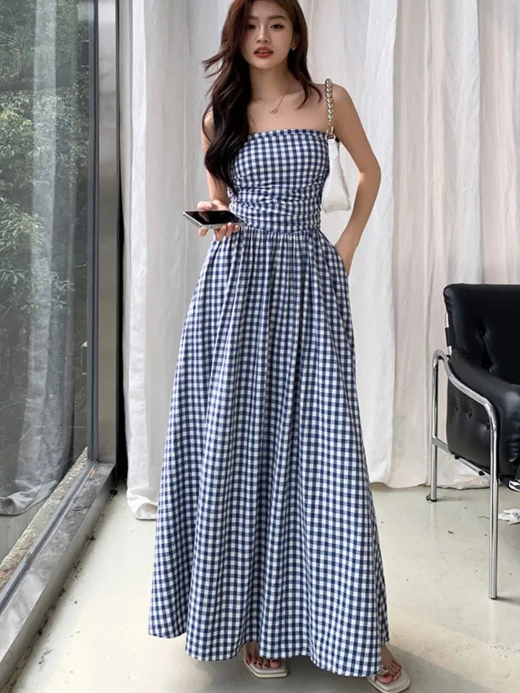 Vestidos midi casuales sin tirantes para mujer, a rayas, sin mangas, corte en A, estilo coreano, elegante, para fiesta de verano, nuevos vestidos para mujer