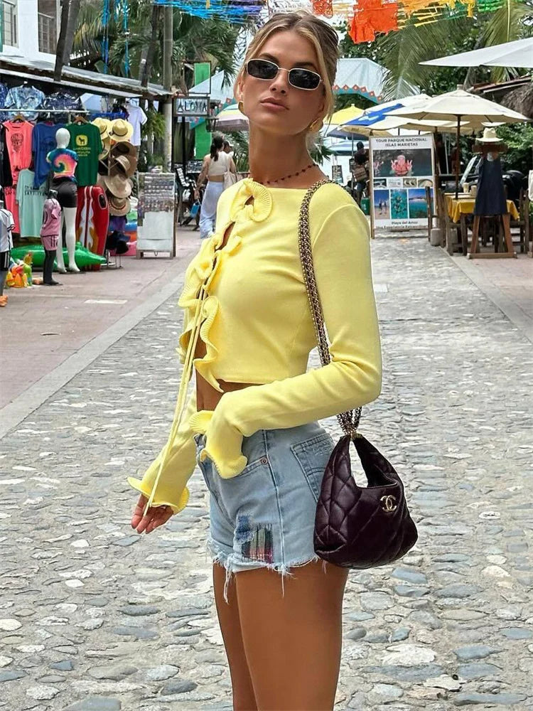 Suéter de punto con volantes, cárdigan femenino con cordones, patchwork, manga larga, abrigo corto, ropa de calle, otoño, prenda de punto para mujer