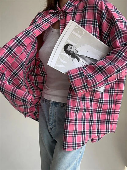 Casual Vintage For Women Shirts Outwear Lapel Fashion Loose Patchwork Streetwear Long Sleeve Striped Female Cardigan Coat