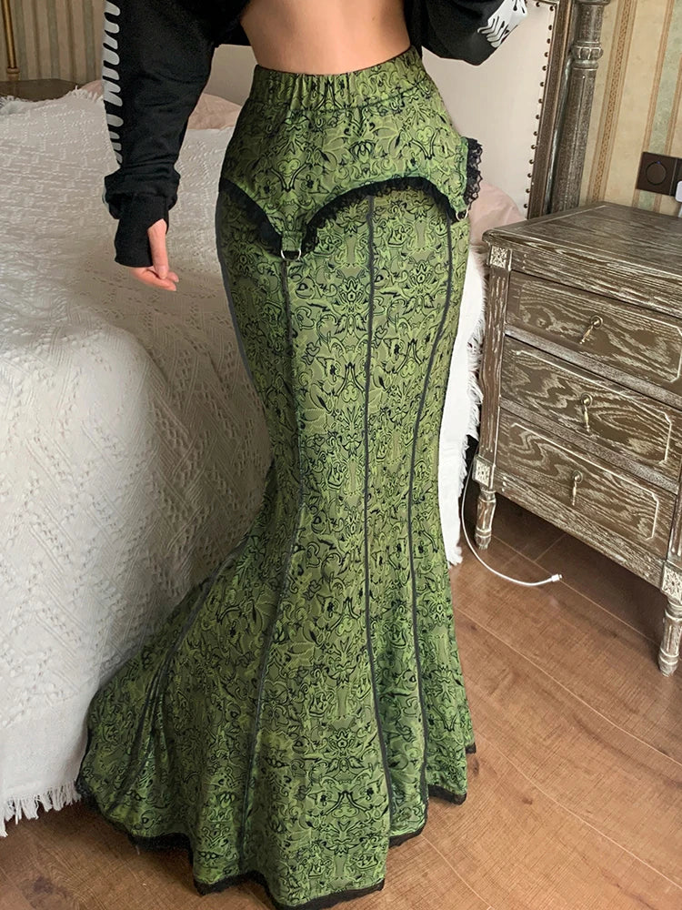 Faldas largas de vacaciones con estampado verde bosque, estilo sirena con ribete de encaje vintage para mujer