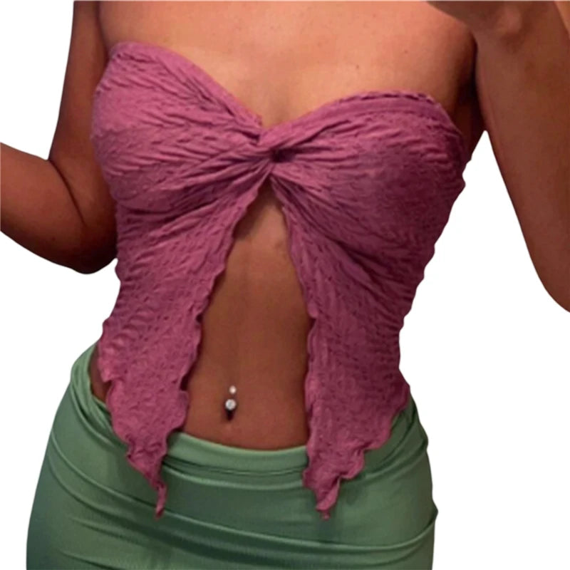Strapless Crop Top y2k Women Twist Knot Off Shoulder Sleeveless Ruched Split Bandeau Summer 2000s Fairy Grunge Clothes