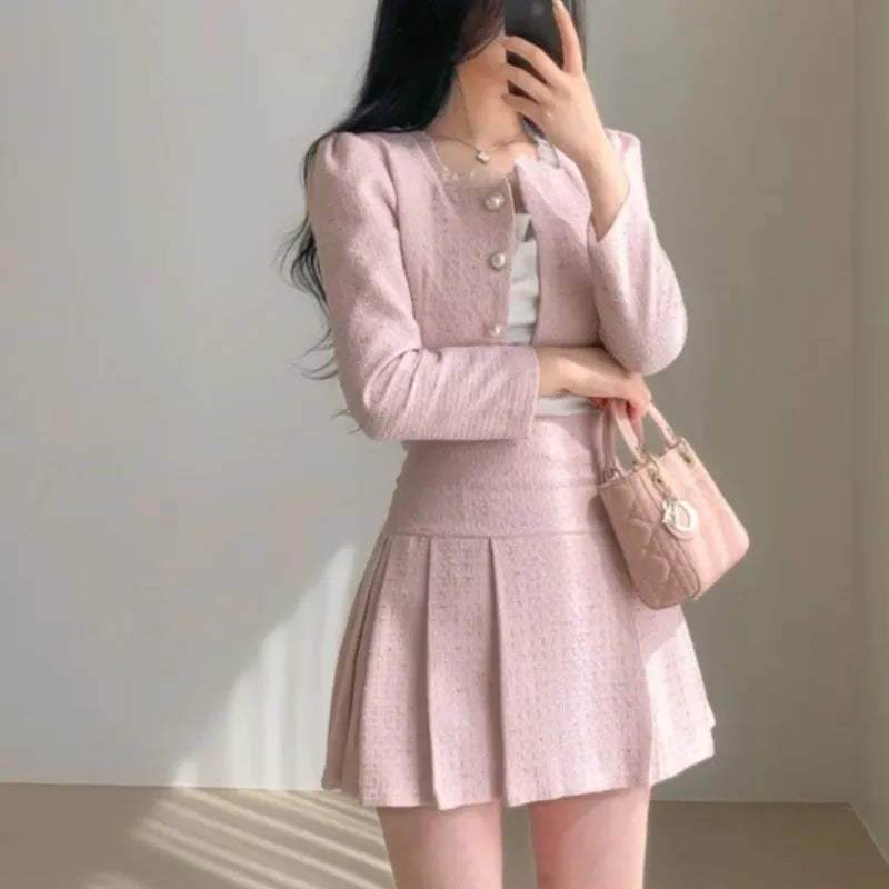 Chaqueta corta de tweed elegante de moda coreana, abrigos recortados + minifaldas de cintura alta, trajes de otoño, nuevos conjuntos ajustados de dos piezas para mujer.