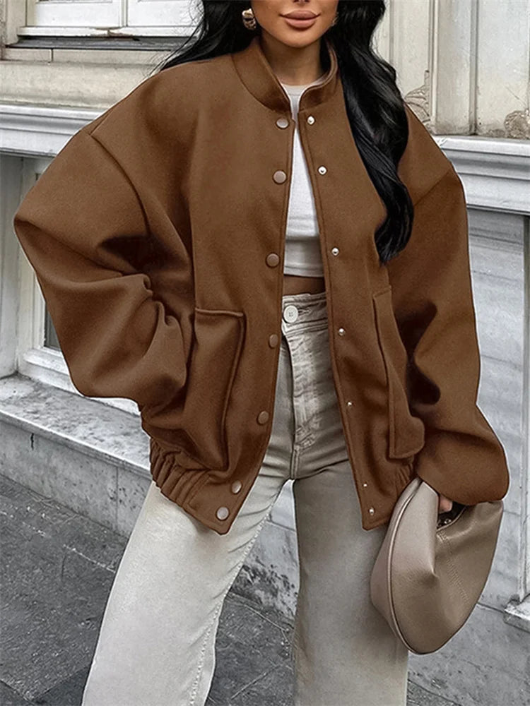 Winter Vintage Pocket Outwear Female Patchwork Loose Casual Lapel Long Sleeve Casual Solid Streetwear Women’s Coat