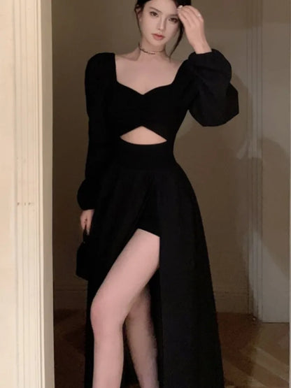 Elegante vestido negro largo para mujer, manga larga, cuello cuadrado, abertura alta, vestido de fiesta de noche, vestido de graduación, vestidos para mujer