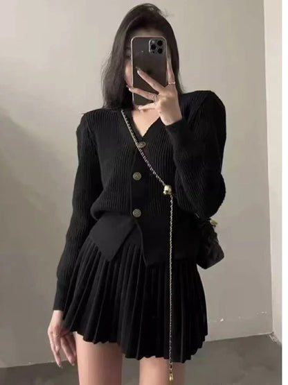 Conjunto de dos piezas de suéter de punto retro de manga larga con falda plisada de cintura alta para mujer, conjuntos sólidos a juego de nicho, otoño nuevo