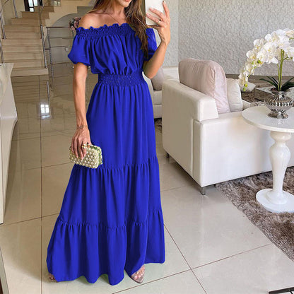 2025 Summer Vestidos Red Short Sleeve Sexy Club Party Evening Long Dress Slim Solid Color Robe Ruffles Elastic Waist Slash Neck