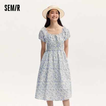 Vestido de mujer suave y elegante de verano nuevo estilo francés cuello cuadrado cintura ceñida longitud media fresco
