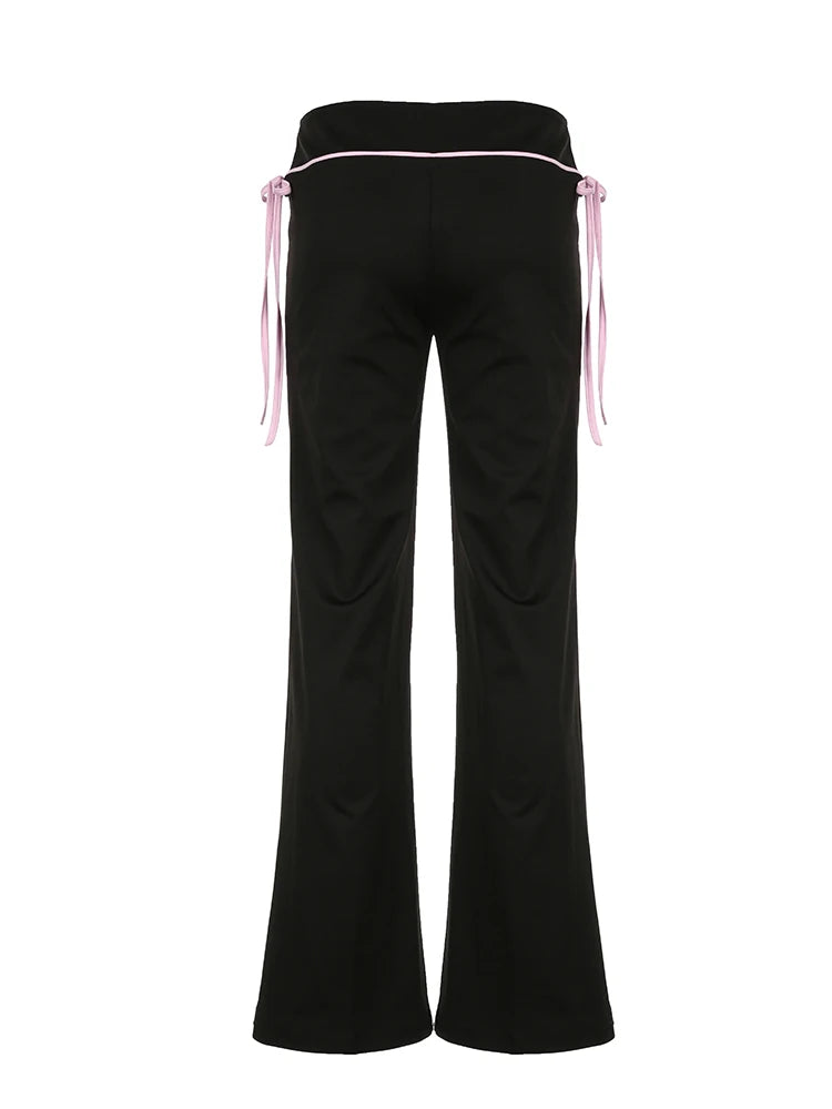 Pantalones acampanados Y2K de cintura baja con cordones en contraste para mujer, negros, básicos, sencillos, informales, de estilo dulce
