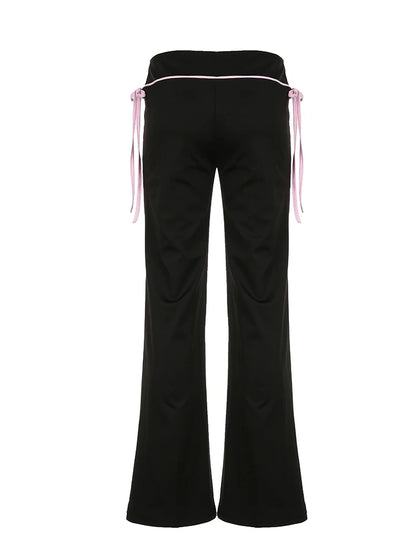 Pantalones acampanados Y2K de cintura baja con cordones en contraste para mujer, negros, básicos, sencillos, informales, de estilo dulce