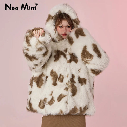 Abrigo de piel sintética de leopardo de gran tamaño para mujer, chaqueta gruesa de piel de zorro con capucha, estilo Harajuku Y2k, para invierno