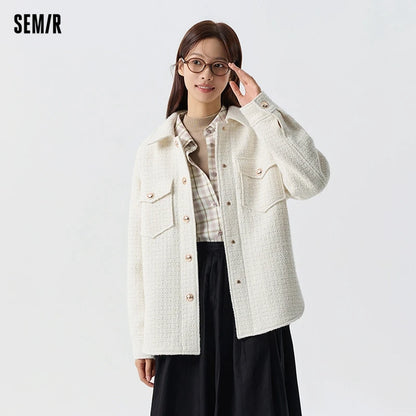 Prendas de abrigo para mujer, estilo medio largo, con abertura, nueva primavera, top de tweed de mezcla de lana