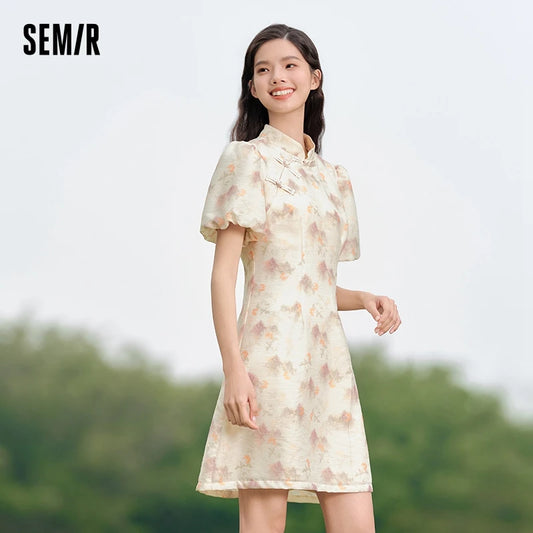 Dress Women Ink Painting Print Dress Bubble Sleeves Buttoned  Summer New Cheongsam Dress