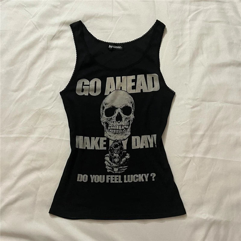 Camiseta con estampado callejero gótico Y2K, camiseta sin mangas de hip hop estética rock vintage para mujer, camiseta de anime Harajuku
