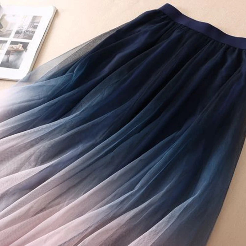 Falda midi de tul degradado para mujer, elegante falda plisada de malla, moda coreana de verano, cintura alta, informal, combina con todo, falda de línea A