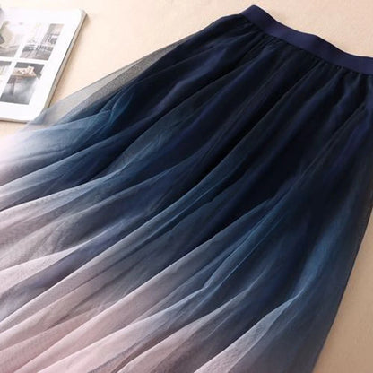 Falda midi de tul degradado para mujer, elegante falda plisada de malla, moda coreana de verano, cintura alta, informal, combina con todo, falda de línea A