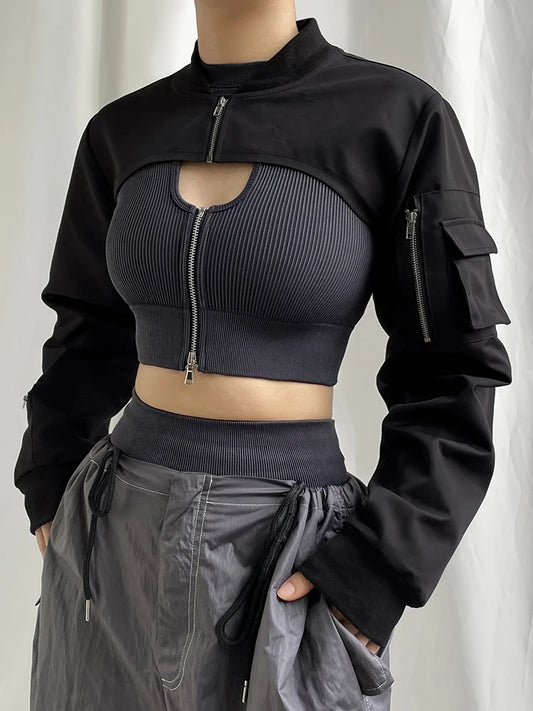 Chaqueta corta negra de manga larga con cuello alto y cremallera para mujer, estilo safari con bolsillos, ropa de calle