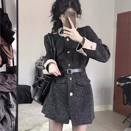 Autumn Winter Mini Dresses for Women with Belt Turn-down Collar Patchwork O-neck Korean Fashion Blazer Dress Casual Vestidos