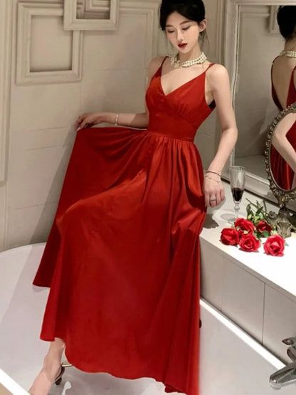 Vestido de fiesta de noche sexy con tirantes finos, escote en V, corte en A, liso, vintage, largo, para mujer, boda, graduación, bata de una pieza
