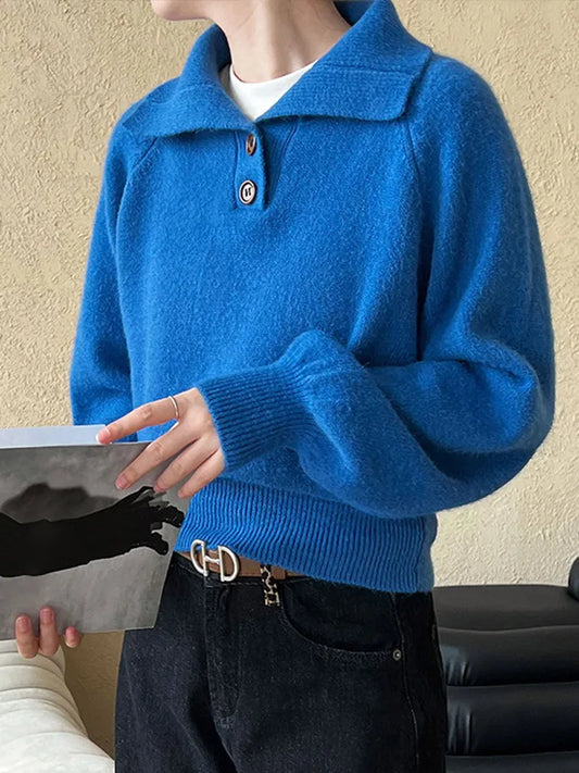 Suéteres casuales de punto liso con solapa para mujer, suéter vintage holgado de manga larga con botones, tops elegantes y chic para otoño
