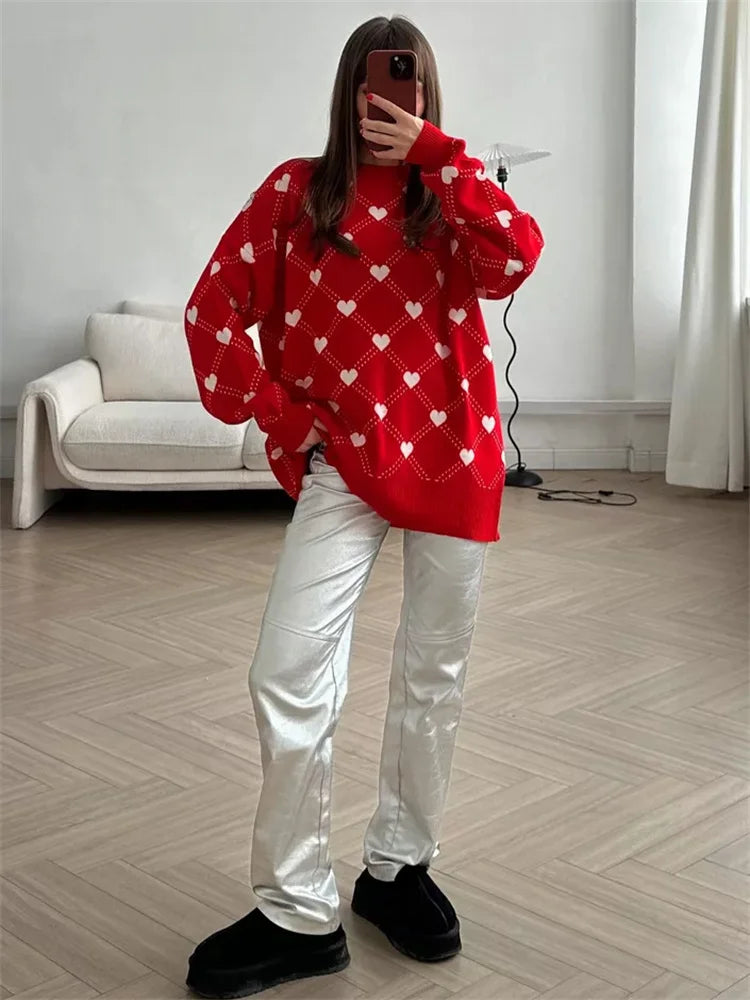 Autumn Printed Knitwear Pullover For Women Casual Patchwork Long Sleeve Contrast Loose Top Clothes Female Knit Pullover