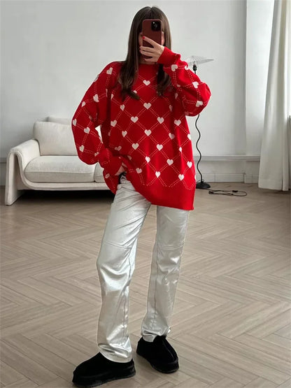 Autumn Printed Knitwear Pullover For Women Casual Patchwork Long Sleeve Contrast Loose Top Clothes Female Knit Pullover