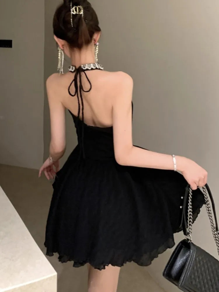 Elegante vestido negro con cuello halter para mujer, novedad de verano, sin espalda, con volantes, corte en A, vestido coreano para fiesta de cumpleaños, graduación, vestidos cortos para mujer