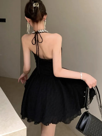 Elegante vestido negro con cuello halter para mujer, novedad de verano, sin espalda, con volantes, corte en A, vestido coreano para fiesta de cumpleaños, graduación, vestidos cortos para mujer