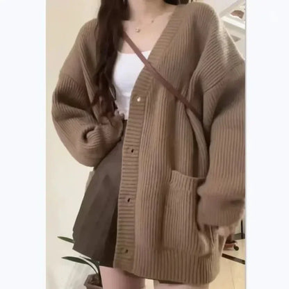 Cárdigan de otoño e invierno para mujer, suéter, abrigo, moda femenina, manga larga, cuello en V, chaquetas de punto sueltas, suéteres casuales, cárdigans