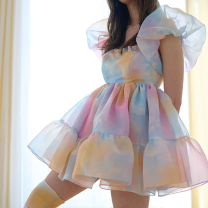 Vestido de princesa de tul con mangas abullonadas estilo kawaii para mujer, minivestido vintage con hombros descubiertos y cuello cuadrado, de malla abullonada, para fiesta, graduación y noche.
