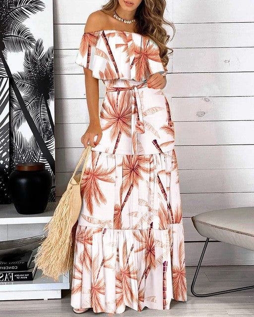 Fashion Print Off Shoulder Long Dresses Women Summer Ruffles One-piece Collar Leace-up Maxi Dress Female Commuting Vestidos New