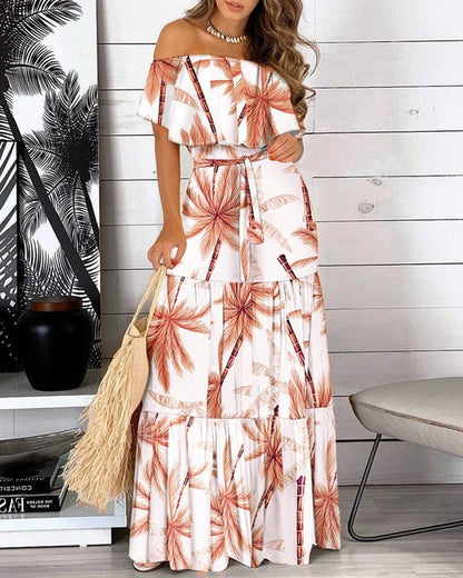 Fashion Print Off Shoulder Long Dresses Women Summer Ruffles One-piece Collar Leace-up Maxi Dress Female Commuting Vestidos New