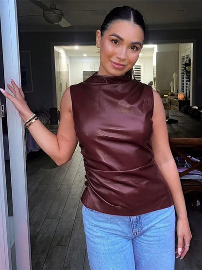 Top de cuero liso Y2k de moda, ajustado, adelgazante, sin mangas, ropa de mujer, cuello alto, ropa de calle, camisas casuales para mujer