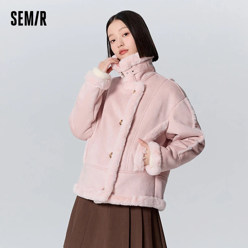 Chaqueta de mujer de gamuza sintética de piel de conejo sintética cálida de invierno nueva solapa estilo motociclista chaqueta holgada retro