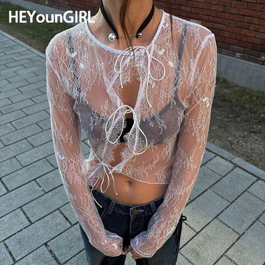Transparent Sexy Lace Thin Coat Long Sleeve Fashion Lace-up O Neck Smock Top High Street Women Cute Cardigan Shirts