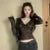 Korean Fashion Crop Top y2k Aesthetic Sweet Lace Patchwork Long Sleeve T Shirt with Bow 2000s Women Clothes Streetwear