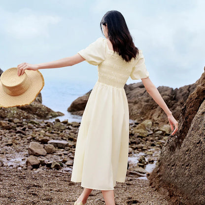 Vestido de mujer con escote cuadrado, mangas abullonadas, corte ajustado y elegante, nuevo vestido de verano divertido y elegante de largo medio.
