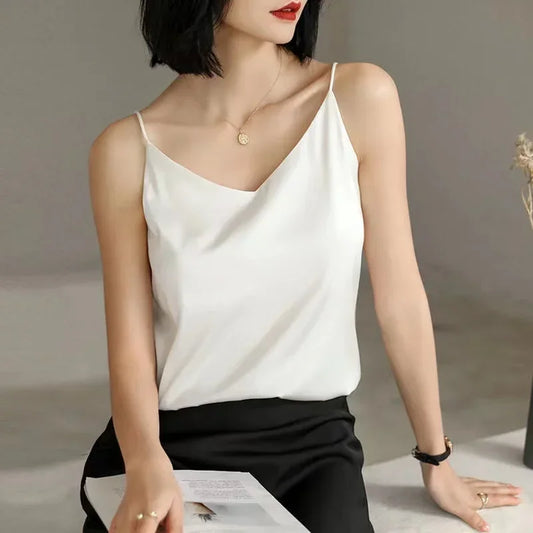 Camisola sexy con tirantes finos, de seda, con interior de satén blanco y escote en V para mujer, estilo Y2K