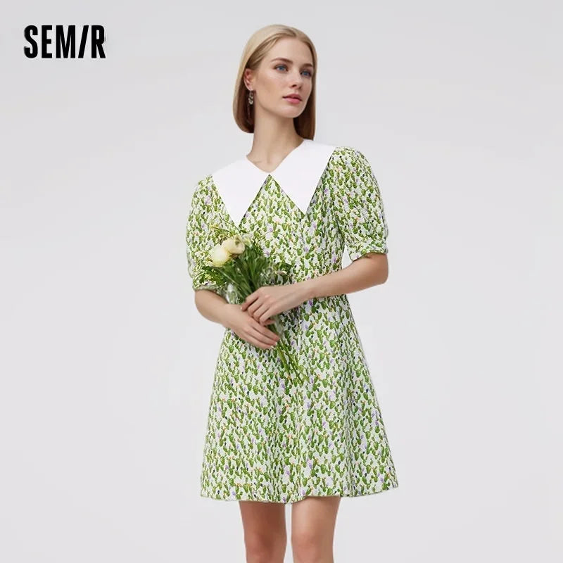 Dress Women Contrast Color Big Lapel Summer New Full Print Waist Textured Skirt Fresh For Women