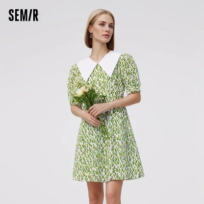 Dress Women Contrast Color Big Lapel Summer New Full Print Waist Textured Skirt Fresh For Women